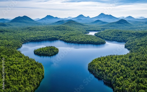 Aerial View of Lake Surrounded by Green Forest with Distant Mountains