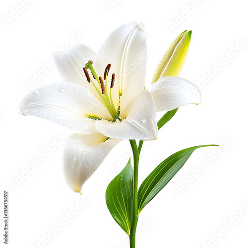 Single Easter lily with a raindrop on a petal, isolated on white background