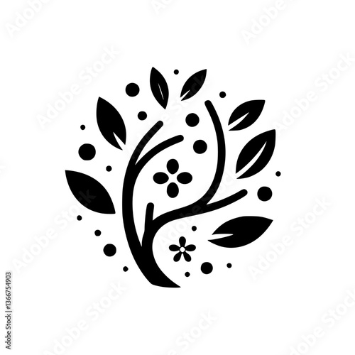 A stylized black and white circular logo featuring a tree with leaves, berries, and floral elements, set against a white backdrop, conveying a sense of growth and harmony.