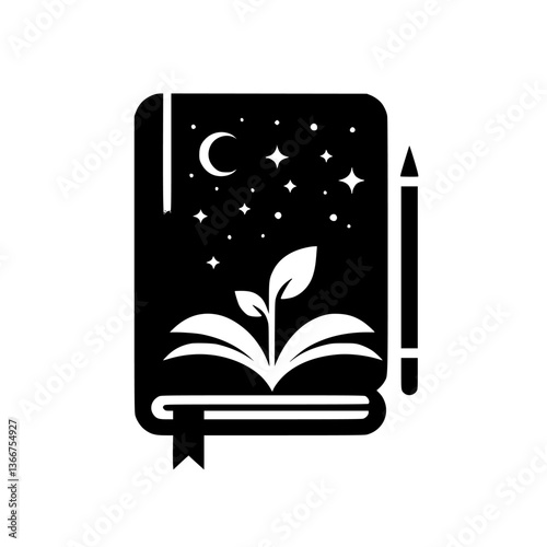 A stylized black and white illustration of a magical journal, featuring a night sky cover, a growing plant, and a pencil, symbolizing creativity and wonder.