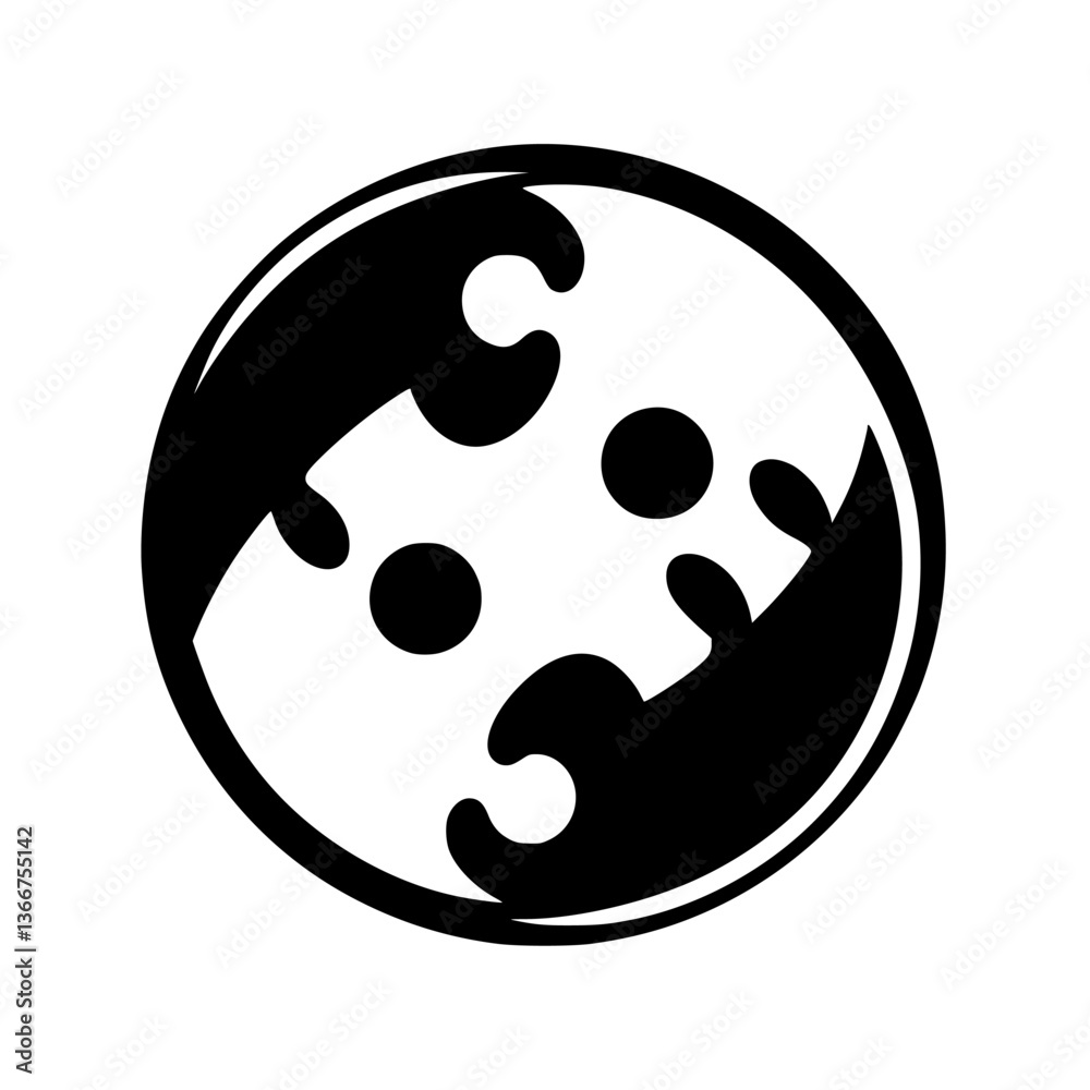 Fototapeta premium Abstract Yin Yang-inspired emblem featuring two interlocking shapes with a circular border and contrasting black and white elements, promoting harmony.