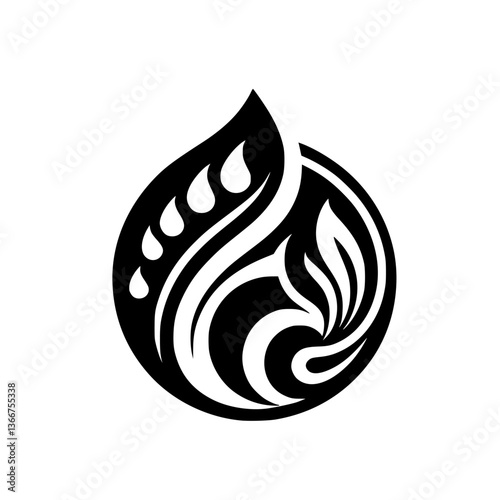 An abstract, minimalist black and white logo featuring a stylized drop and flowing organic shapes resembling leaves and a bird within a circular frame, conveying themes of purity and nature.