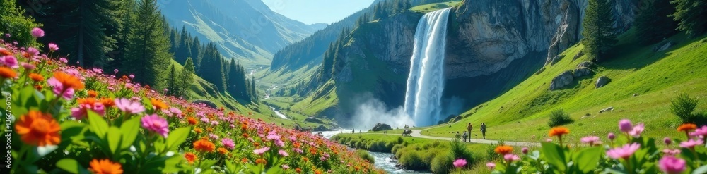 Obraz premium Valley floor covered in wildflowers as misty waterfall cascades down mountain slope into serene environment, wildlife, waterfall