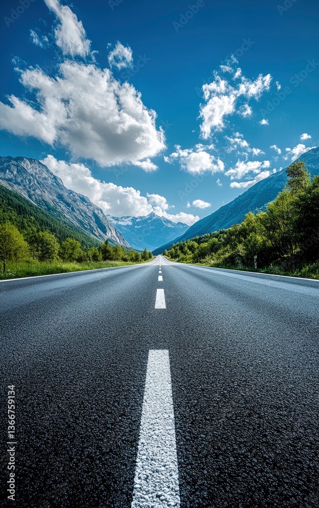 Fototapeta premium Driving Along Scenic Road with Mountain Views and Blue Sky