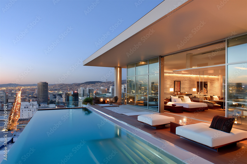 Fototapeta premium a contemporary urban hotel with rooftop pool and city views