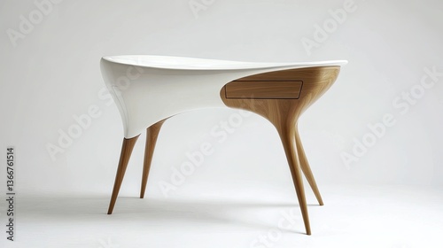 A unique writing desk with a curved white surface and a single drawer