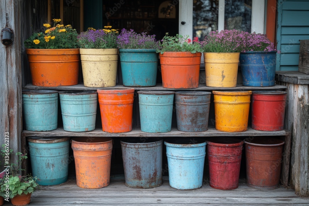 Fototapeta premium Colorful flowerpots on wooden shelf outside rustic flower shop