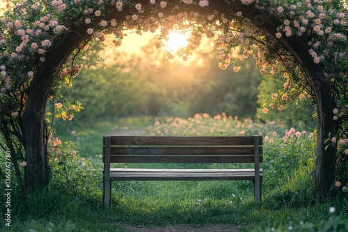 Bench under flowering arch of trees in romantic spring garden