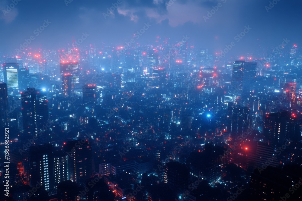 Fototapeta premium City skyline at night with illuminated buildings and distant horizon