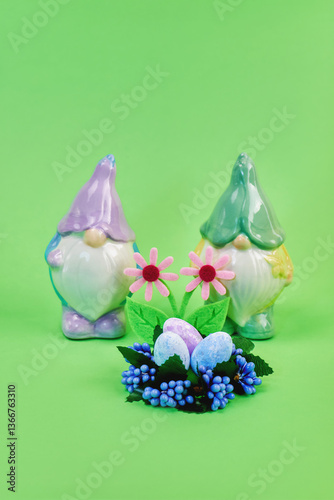 cute toy Easter gnomes getting ready for the holiday with colorful eggs on a green background