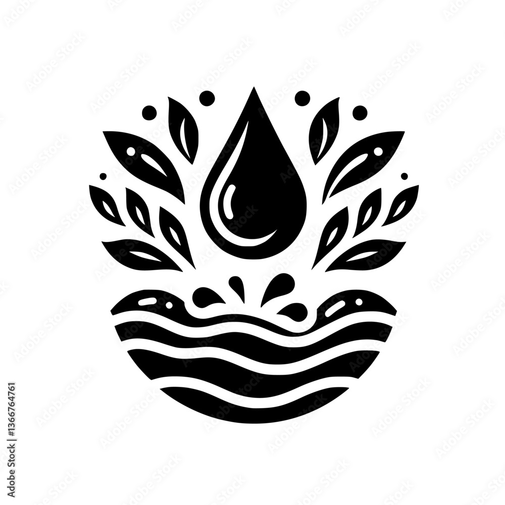 Fototapeta premium Nature's Essence: Water Drop, Leaves, and Waves in Elegant Black and White