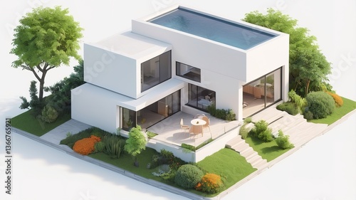 Fototapeta Naklejka Na Ścianę i Meble -  A small modern minimalist house isometric perspective, 3D model miniature