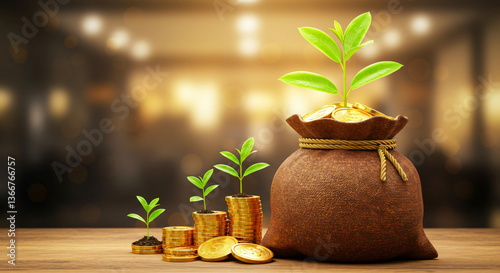 A money bag filled with coins and a vibrant green plant symbolizes the flourishing growth of investments and financial success.

