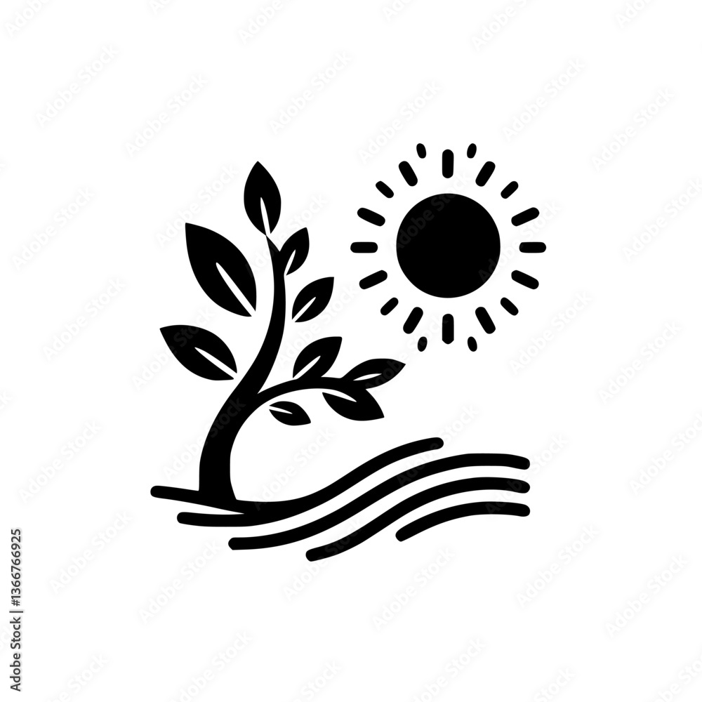 Naklejka premium Nature's Embrace: Simple Icon of Growth, Sunlight, and Water