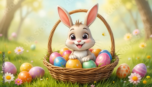 Adorable Easter Bunny in a Basket with Colorful Eggs in a Spring Meadow
