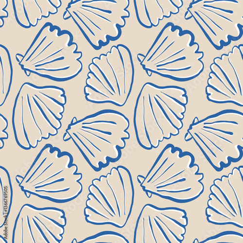 Hand drawn sea shells scallops blue seamless pattern in doodle sketchy style on sandy beige background. Line art sea shell vector background