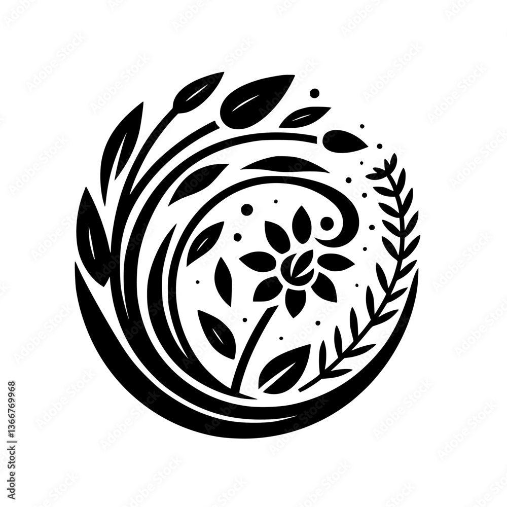 Fototapeta premium Floral Silhouette: Minimalist Botanical Emblem in Monochrome