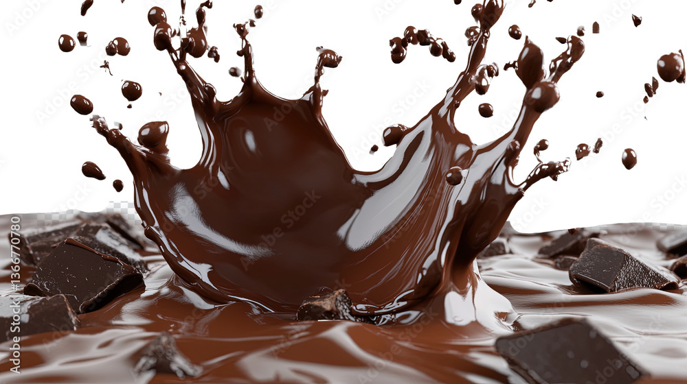 Delicious melted chocolate swirling and splashing in milk with creamy, flowing drops Delicious melted chocolate swirling and splashing in milk with creamy, flowing drops