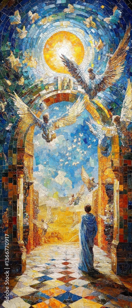 Fototapeta premium Figure gazes toward angelic beings sun portal.