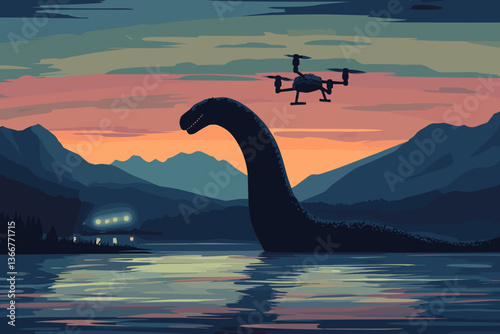Drone flying over Loch Ness-like creature in a lake at dusk, hinting at cryptid surveillance.