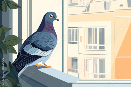 Pigeon perched on a windowsill with city buildings in the background on a calm day.