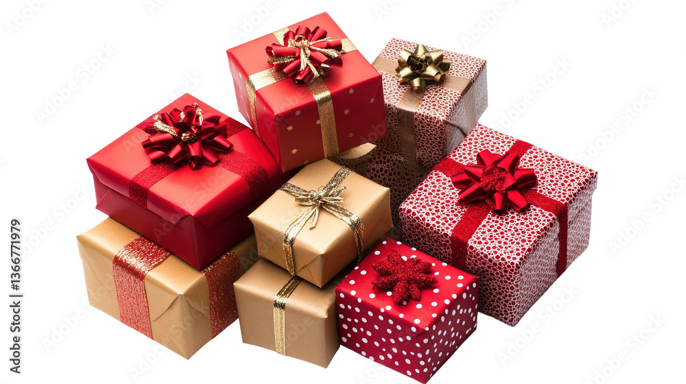 Red Christmas gift boxes with ribbons and bows wrapped in festive paper for holiday celebrations and surprises Red Christmas gift boxes with ribbons and bows wrapped in festive paper for holiday celebrations and surprises