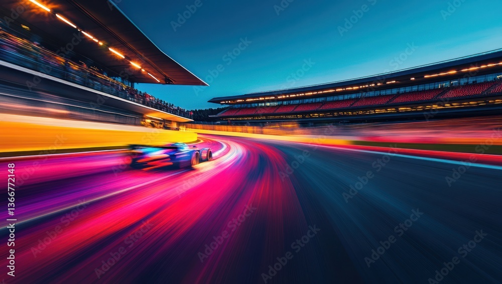 Obraz premium Speed, Thrills, and Nighttime Glory: A Formula 1 Racecar Blazes Through a Vibrant Track Under the Twilight Sky