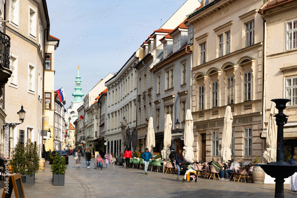 Fototapeta premium Tourist pedestrian street Venturska in center of Bratislava on a sunny day. Slovakia