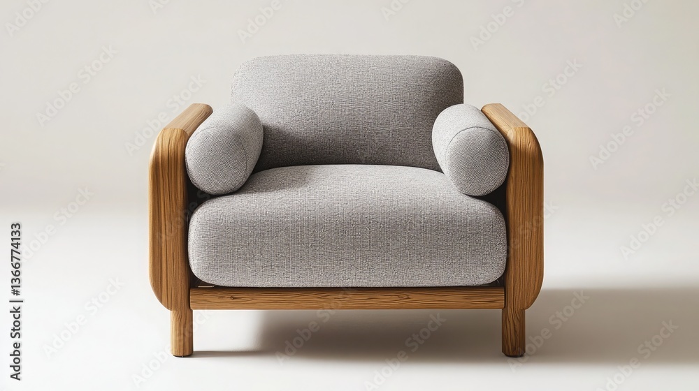 A Scandinavian-inspired armchair with soft grey upholstery and natural wood armrests A Scandinavian-inspired armchair with soft grey upholstery and natural wood armrests