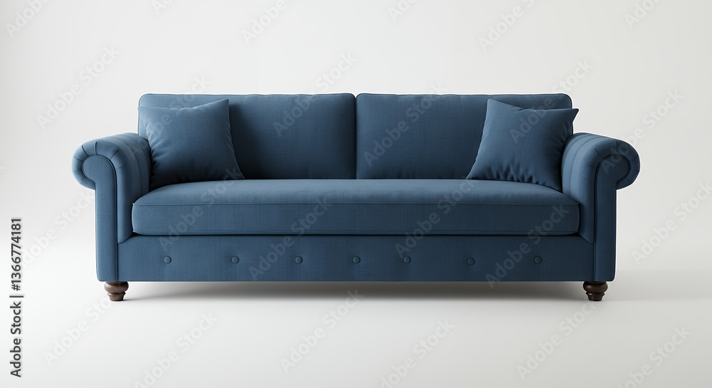 Stylish Blue Sofa with Pillows on White Backdrop for Home Decor Stylish Blue Sofa with Pillows on White Backdrop for Home Decor