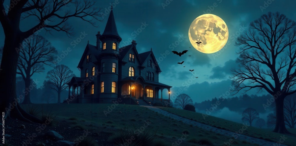 Fototapeta premium An Enigmatic Victorian Mansion Under a Full Moon's Glowing Light, Silhouetted by Leafless Trees and Bats in Flight