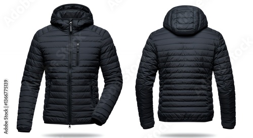 Black Hooded Puffer Jacket Shown Front and Back on White Background