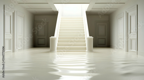 Flooded Home Interior with White Walls and Staircase