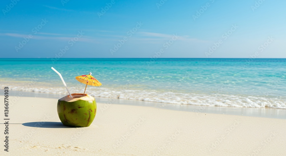 Coconut Drink with Straw and Umbrella on Beach Overlooking Clear Ocean Coconut Drink with Straw and Umbrella on Beach Overlooking Clear Ocean