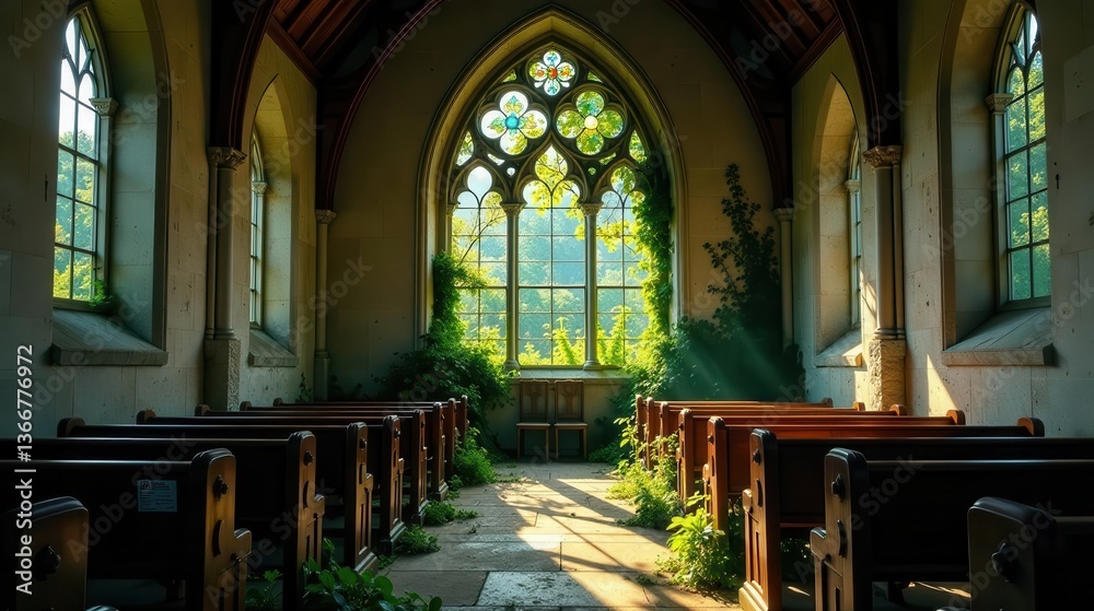 Fototapeta premium Serene Chapel Interior Sunlight Illuminates Rows of Wooden Pews, Vines Embrace a Majestic Stained-Glass Window, Casting Beams of Light Across the Stone Floor