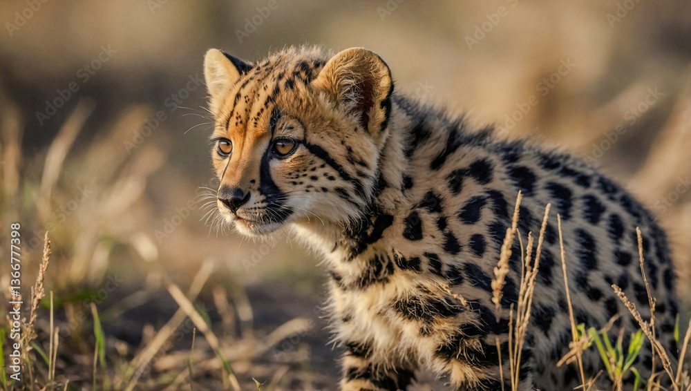 Fototapeta premium Close-up view of King Cheetah cub in its natural environment with a blurred background