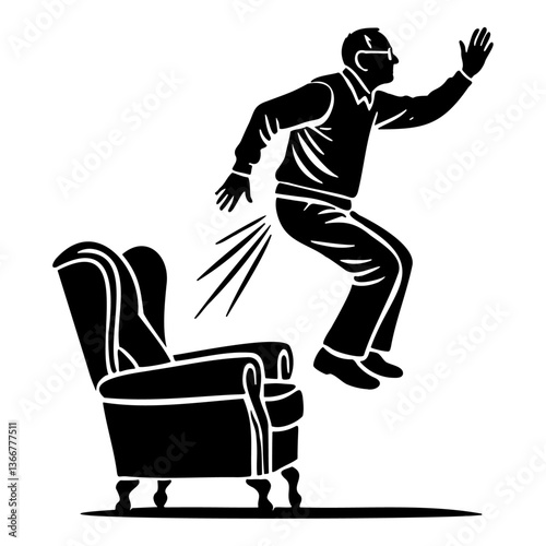 Man Jumping from Fart on Chair
Comical vector of a man propelled into the air from his chair due to flatulence. Black silhouette humor style.