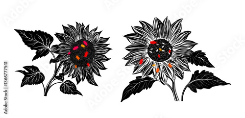 Sunflowers Attacked by Bugs
Stylized black sunflowers with colorful beetles and bugs crawling on the seeds and petals, symbolizing infestation or decay.