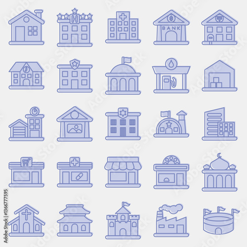 Icon set of building. Building elements. Icons in two tone style. Good for prints, web, posters, logo, site plan, map, infographics, etc.