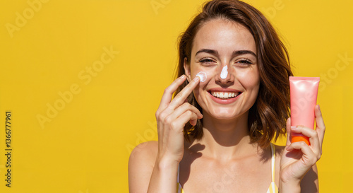 Smiling woman holding sunscreen applying cream against yellow background  