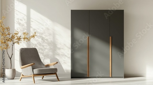 A compact wardrobe in matte grey laminate with sliding doors and oak-finished handles