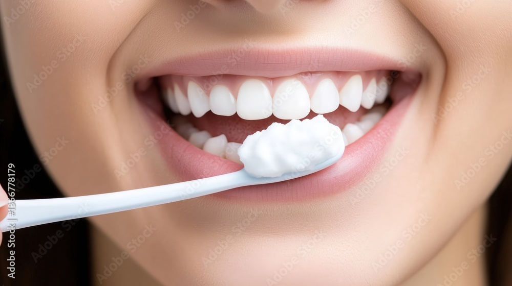 Fototapeta premium Smiling woman brushing teeth with toothpaste in bathroom 
