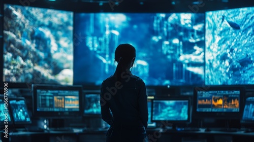 A researcher designing AI powered underwater cities, futuristic marine engineering lab with real-time oceanic pressure simulations and AI-assisted sustainable aquatic architecture, High-tech style photo