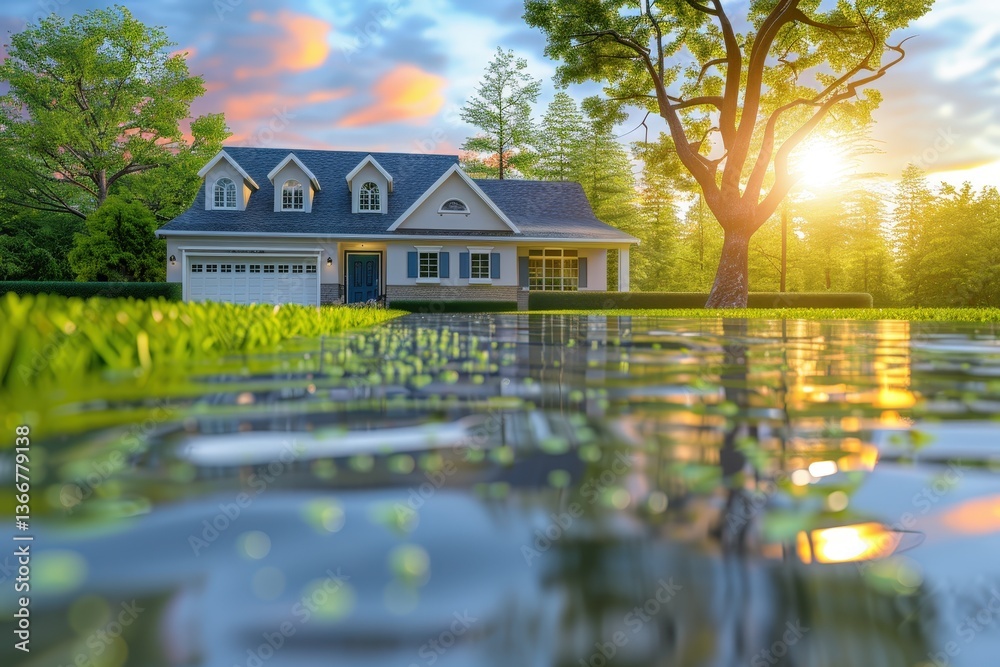 Obraz premium A serene house near a reflective body of water, surrounded by lush greenery and bathed in warm sunlight, creating a peaceful atmosphere.