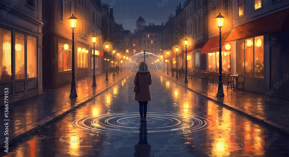 Woman Walking with Umbrella on Rainy City Street Reflecting Lights Woman Walking with Umbrella on Rainy City Street Reflecting Lights