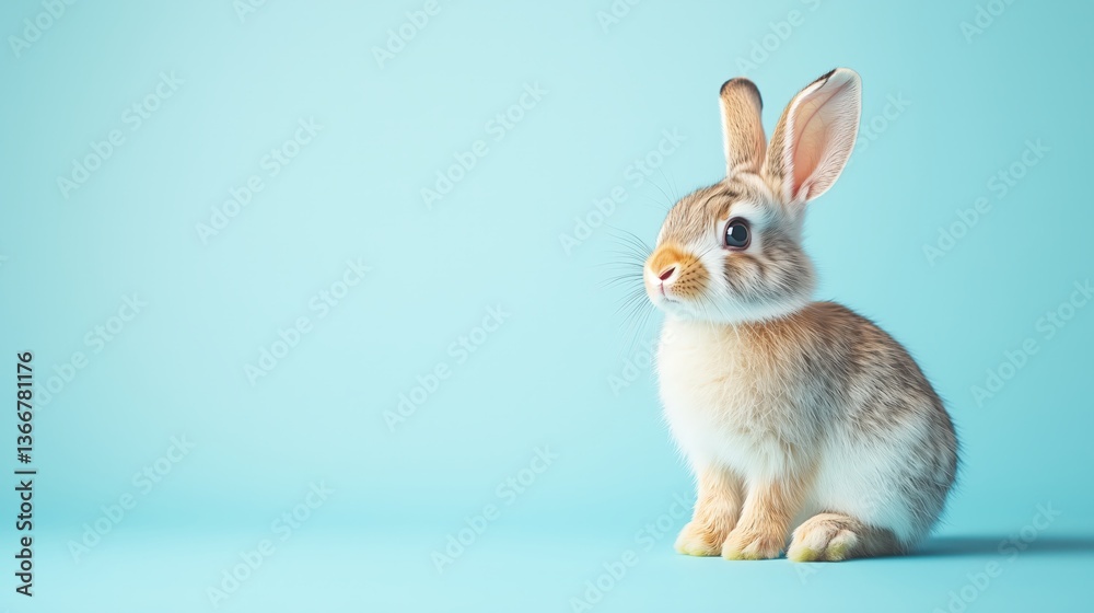 Fototapeta premium Cute rabbit sitting on a blue background 