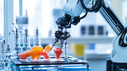 A robotic arm in a biomedical research facility, assembling prosthetic limbs with AI precision for custom-made healthcare solutions, Med-tech style