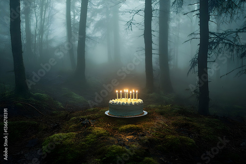 Mystical birthday celebration in a foggy forest with glowing candles