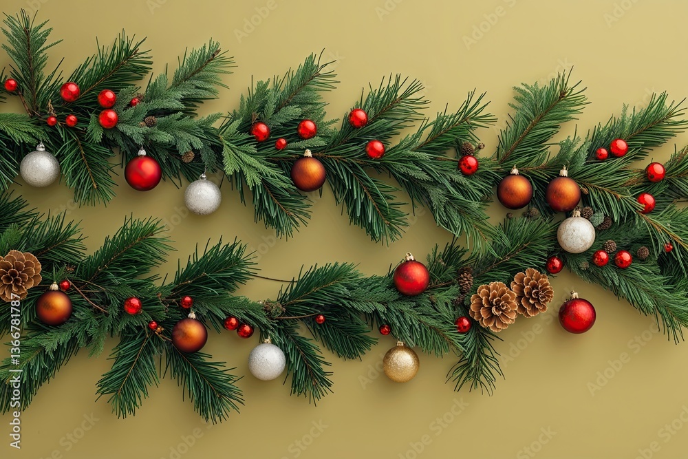 Christmas Art Featuring Pine Branch Garland and Ornaments on Soft Yellow Background for a Festive Winter Celebration Christmas Art Featuring Pine Branch Garland and Ornaments on Soft Yellow Background for a Festive Winter Celebration