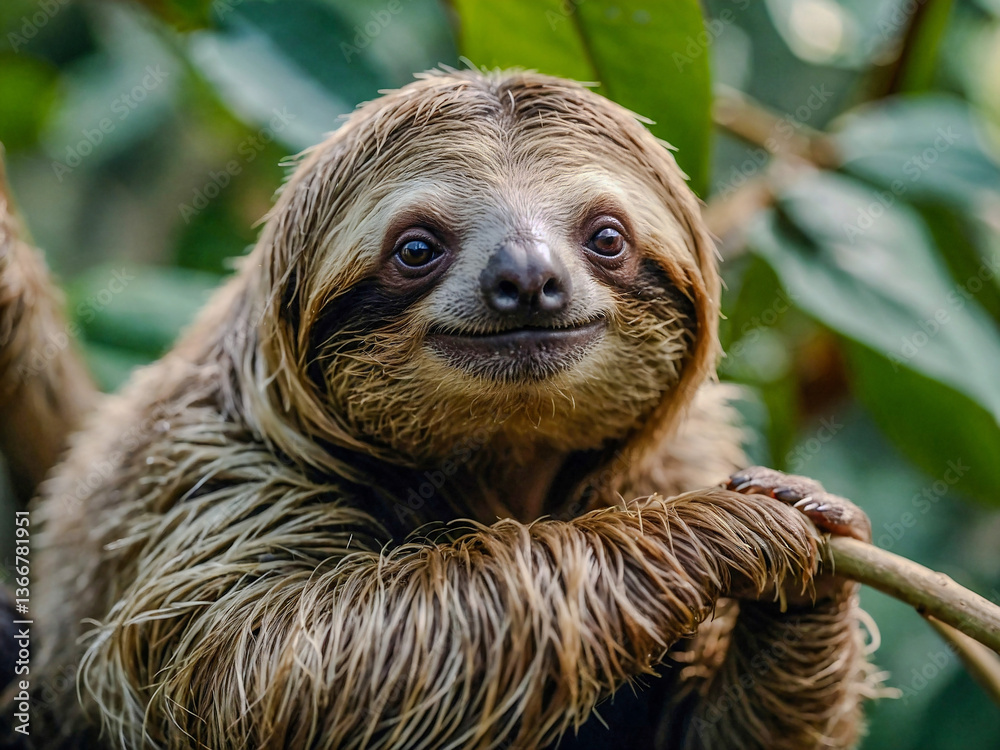 Close-up view of Sloth cub in its natural environment with a blurred background Close-up view of Sloth cub in its natural environment with a blurred background